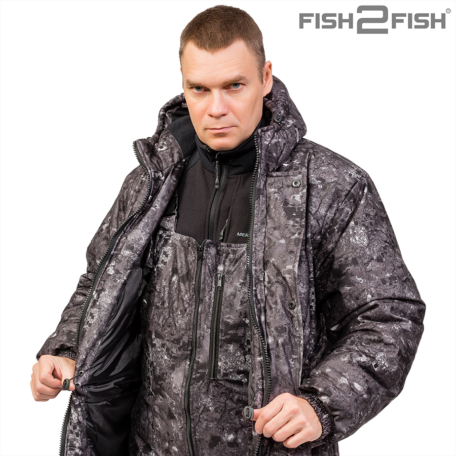 Костюм зимний Fish2Fish Онега -30С 3000 мм/10000 гр.м/м2 мембрана серо-черный урбан